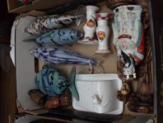 Box of art glass fish and other
