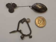 Silver charm bracelet, silver pin brooch and other