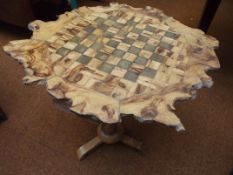 Burrwood table with chess inlay