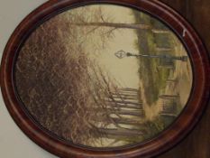 Framed oil on canvas depicting a park scene, set i