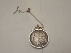 Silver one dollar coin pendant and chain 709