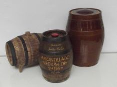 Three various stoneware barrels, largest 35cm in h