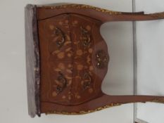 Bombe shaped marquetry inlaid chest of two drawers with marble top
