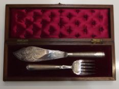 Victorian oak cased set of silver plated fish serv