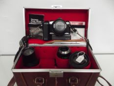 Pentax Super Me camera with Alymos 1-1-7 50mm lens, 28mm-70mm lens, Hanimex 135mm lens Clubman