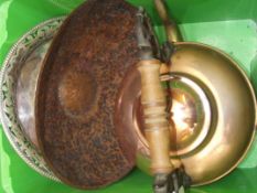 Large copper kettle together with a copper bowl an
