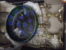 Pair of brass candelabra together with mottled fru