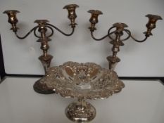 Two silver plated candelabra's and a plated fruit