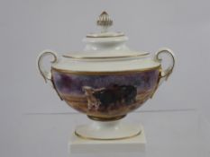 James Skerret, hand painted twin handled urn depicting highland cattle and signed, approx 15 cms