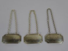 Three Solid Silver Spirit Labels, engraved sherry, port, rum, Birmingham hallmark dd 1961, 1962,