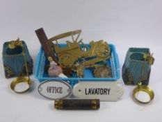 Miscellaneous Items, including two brass door knockers, brass coat hook, two telescopic candle