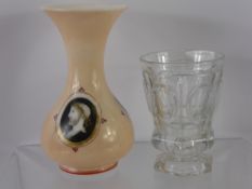 An Antique Opaque Glass Vase, hand painted Grecian profiles, approx 18 cms together with a