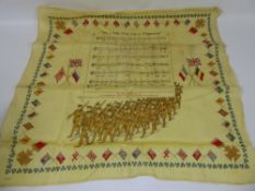 A WWI Silk Souvenier Handkerchief, depicting the notation and lyrics of 