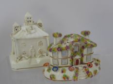 Three Victorian Staffordshire Pastille Burners, with applied bocage decoration together with two