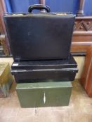 Two Deed Boxes, together with a black leather effect Pilots Case.