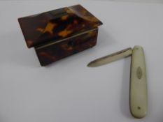 An Antique Mother of Pearl and Silver Pen Knife, together with a miniature sarcophagus shape shell