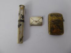 Miscellaneous Items including, a Japanned Vesta Case, depicting Mount Fuji, a silver stamp
