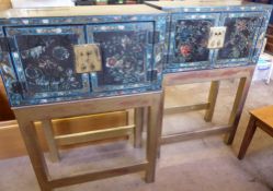 A Pair of Vintage Chinese Cabinets on Later Stands, the cabinets depicting birds and flowers, approx