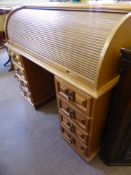 A Contemporary Twin Pedestal Light Oak Roll Top Desk, approx 122 x 61 x 74 cms.