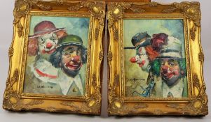 William Moninet (French 1937-1999) Oil on Canvas depicting Clowns, both approx 19 x 24 cms together