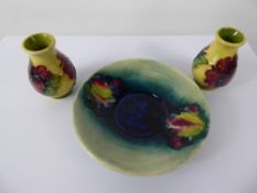 Moorcroft Miniature Vases, 'Hibiscus' design, approx 5.5 cms together with a small saucer vine.