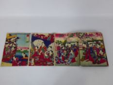 An Antique Japanese Crepe Picture Book, colourful illustrations depicting court life, each page