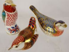 Royal Crown Derby Bird Paperweights, 'Wren' 6.5 cms, 'Wagtail' 12 cms length, 'Humming Bird' J.