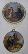 Two English Pot Lids, depicting shepherd and Old Jack together with a purple glaze vase hand painted