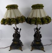 Ormolu and Bronze Figural Lamps, in the form of a seated cherub, raised on a stepped green marble