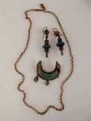 A 14 / 15 ct Gold Turquoise Crescent Brooch, 9 ct gold chain together with a pair of 9 ct gold and
