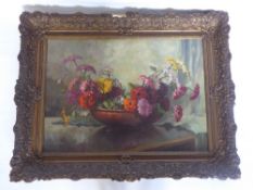 S Roessink Early 20th Century Original Still Life Oil on Canvas, depicting Zinnia flowers, signed