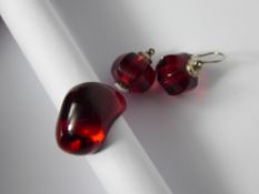 Lady's Retro Baccarat Glass Ring, together with matching glass and silver drop earrings.