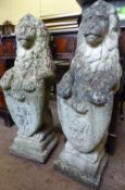 A Pair of Garden Stoneware Lions, with heraldic shields, approx 86 cms