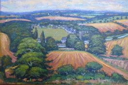 A Gerry Wright Oil on Board, entitled 'Cornfields & Cricket' Durnford, Wiltshire dated 1986.