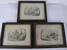 Three Black and White Engravings, depicting comical hunting scenes in black and gold wooden
