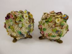 A Pair Antique 'Schneeballen' Vases, with applied hand painted floral decoration with branched