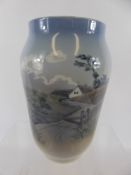 A Large Royal Copenhagen Vase Nr 2776, depicting a farmhouse scene in pastel hues, approx 26 cms