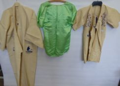 A Pair of Chinese Green Silk Pajamas, embroidered with dragons together with two Chinese fine