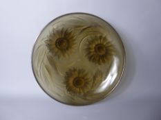 An Art Deco Style Verlys Smoky Quartz Bowl, moulded with sunflowers and leaf decoration, 27 cms d.
