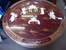 A Chinese Red Lacquer Occasional Table with decorative paint-work and mother of pearl and abalone