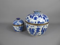 A Chinese Blue and White Crackle Glaze Bowl and Cover, approx 20 cms, hand painted with figures