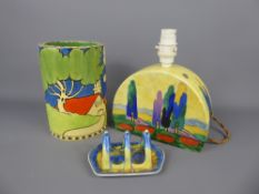 A Booths Wine Cooler, in the bold Clarice Cliff style, a Crown Devon Lamp Base and a vintage Shelley