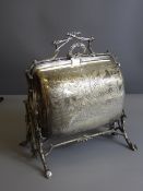 A Victorian Silver Plate Decorative Double Sided Food Warmer, on four supports with handle in