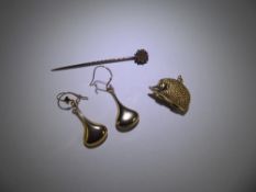 A Pair of 9ct Gold Hedgehog Earrings and Charm, approx 3.2 gms together with a gentleman's 9 ct