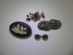 A 9ct Yellow Gold Amethyst Brooch, approx 5.2 gms, together with a vintage Marcasite Lapel Clip, a