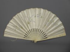 A Lady's 19th Century Bone and Painted Silk Fan, with pierced guard sticks.