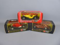 Three Burago Die Cast Metal and Plastic Classic Cars, the first being a Bugatti 