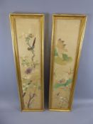 Two Japanese Silk Embroideries, one depicting a crane with foliage and the other a peony tree,