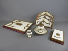 A French Antique Gilt and Leather Desk Set, including inkwell, pen-holder, small pot, letter-rack,