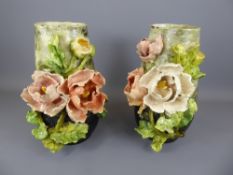 A Pair of Late 19th Century French Jean Pointu Vases, with applied voluminous roses, marks to